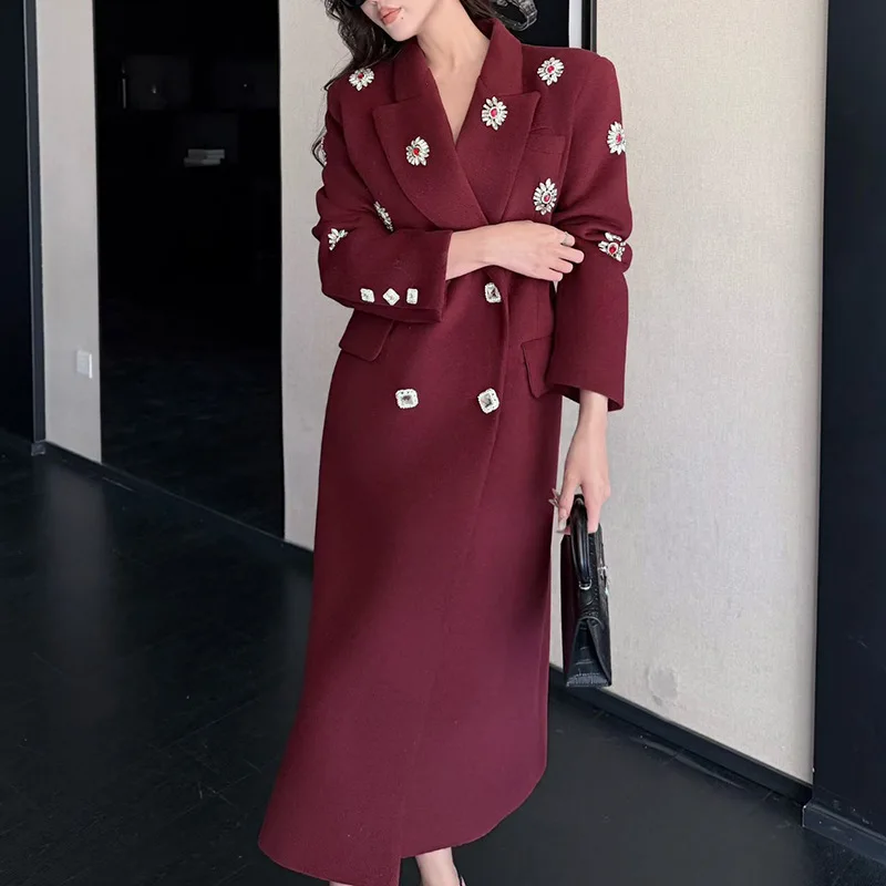 HKSH Women Trench Coat Studded Diamonds Double Breasted Slimming French High-End Long Jacket Windbreaker New Spring 2026 HK19625