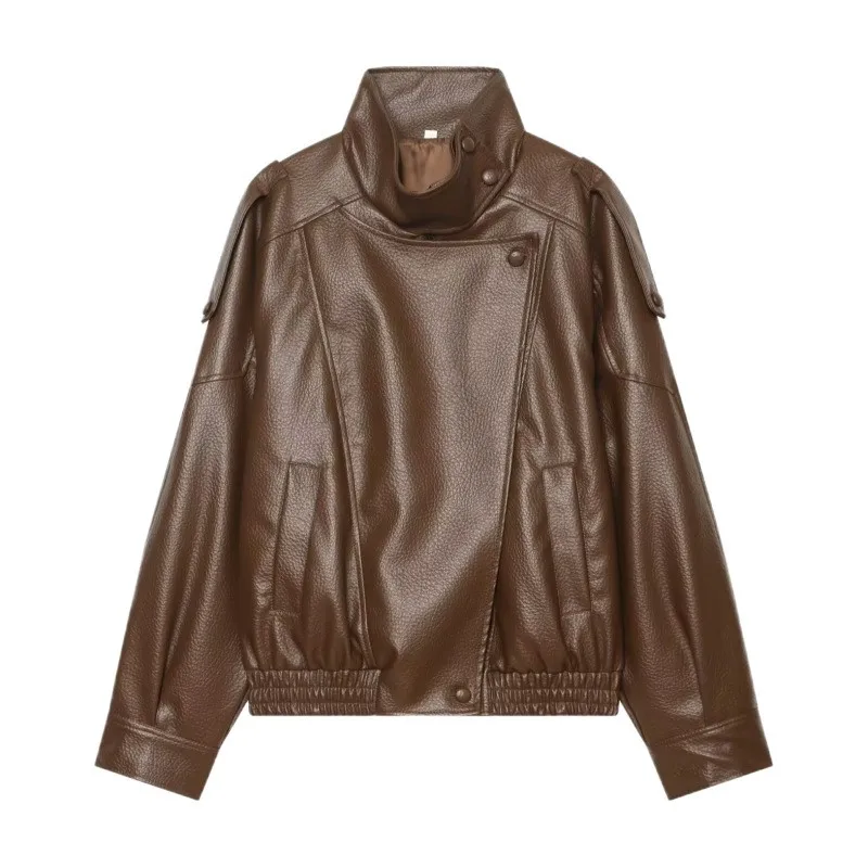 Women's Faux Leather Jacket Autunm Winter Fashion Personality Buttons High Neck Zip-Up Long Sleeve Pocket Solid Color Streetwear