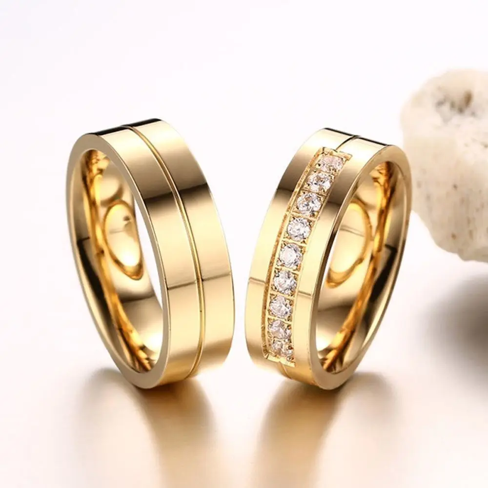 

Women Men Love Cubic Zirconia Golden Silver Wedding Band Ring 18K Gold Plated Stainless Steel Couples Ring