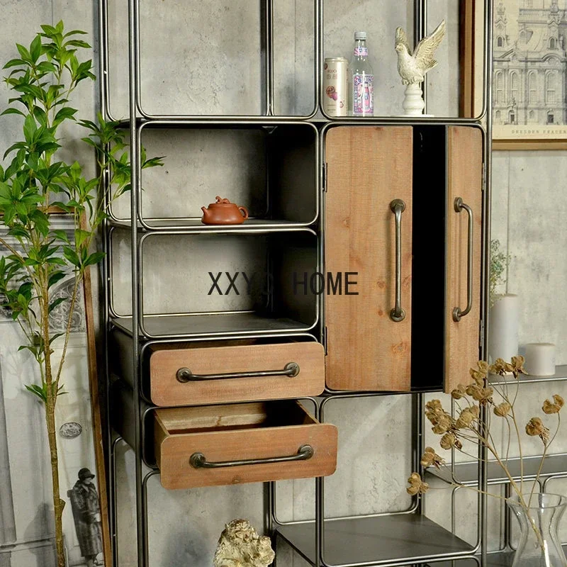 American-Style Retro Ironwood Combined with Display Rack Multi-Layer Living Room B & B Wall Storage Display Stand