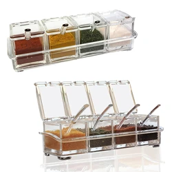 Clear Seasoning Box, Set of 4 Crystal Seasoning Storage Container with Spoon Clear Seasoning Rack Spice Pots for Pepper Spice