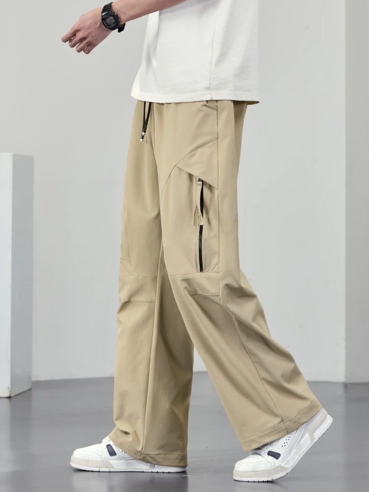 Calça cargo masculina de secagem rápida com bolsos zip tamanho grande 8xl 7xl 6xl verão gelo seda resfriamento moletom solto ajuste calças retas
