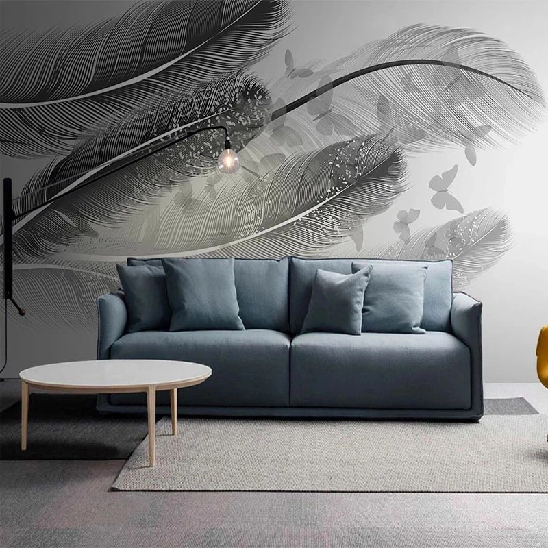 Customized Wallpaper Nordic Modern 3D Black White Gray Feather Butterfly Mural  Living room TV background bedroom restaurant 8d