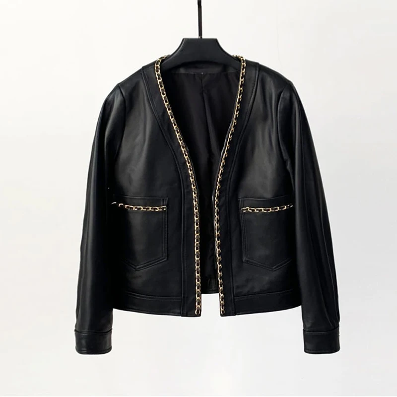 S-2XL المرأة جلد الغنم سترات قصيرة 2025 خريف جديد أسود الخامس الرقبة سترة سلسلة الإناث سليم صالح سترة جلدية حقيقية معطف الملابس