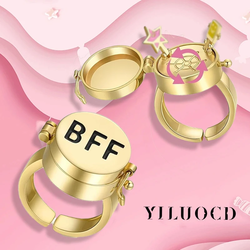 YILUOCD 2 Stuks Goud Kleur Spinner BFF Bijpassende Ringen Beste Vriend Open Draaien Ring Forever Vriendschap Leuke Cartoon Anime Sieraden