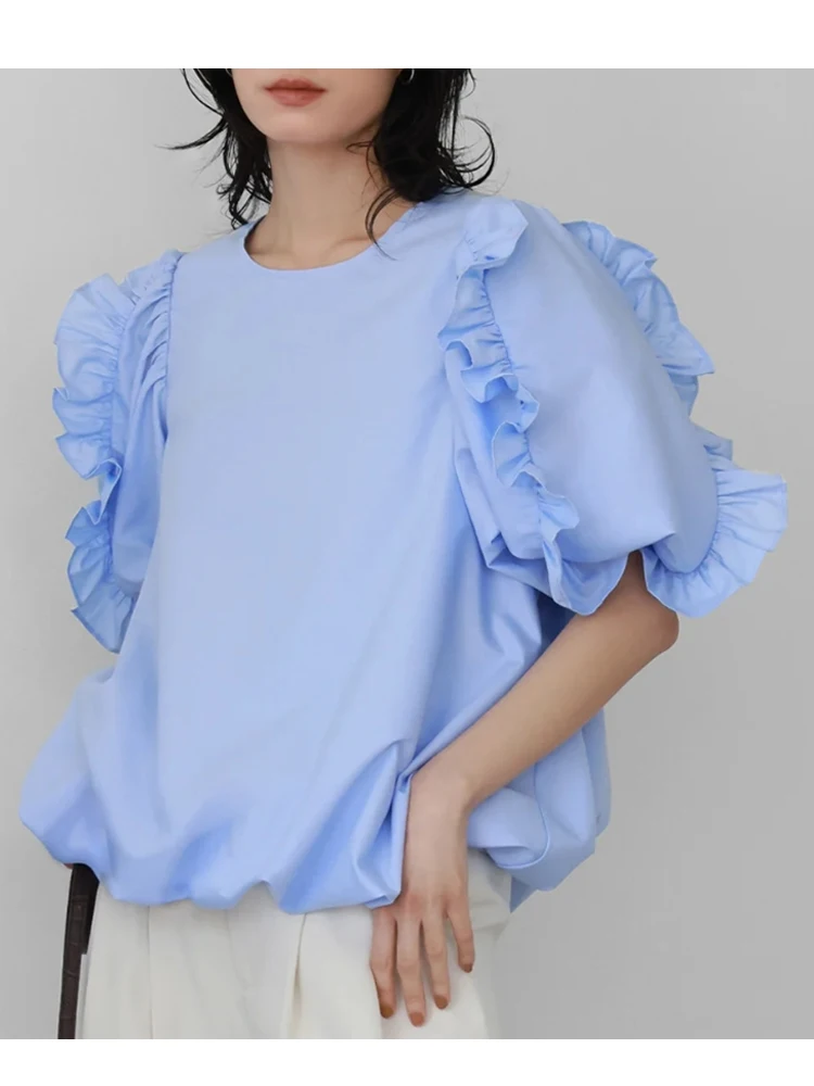 Puff Sleeve Stylish O-neck Loose Female Pullovers Blouses Spring Summer Fashion Short Sleeve Ladies Blouses Shirts Women Tops