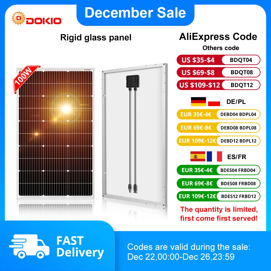 DOKIO 18V 100W-200W panneau solaire rigide chine panneau solaire étanche en silicium monocristallin # DSP-100M/DSP-100MX2 Camping/maison/RV