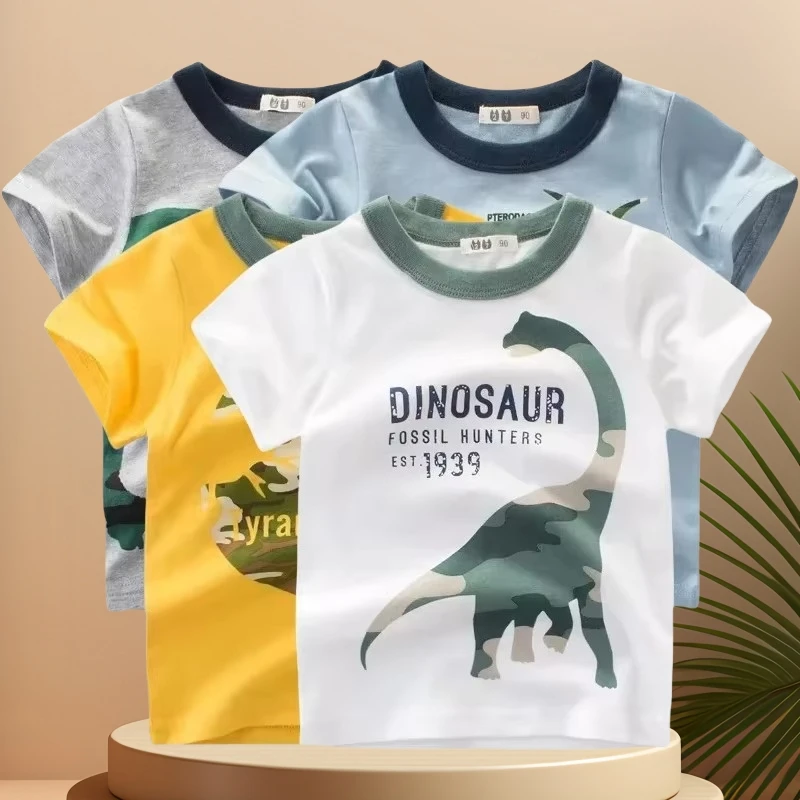 2025 Summer New Boys Cartoon Dinosaur T-Shirt Children's Short Sleeve Cotton Top Tees Shirts Kids Clothes 2-10Years Dropshipping