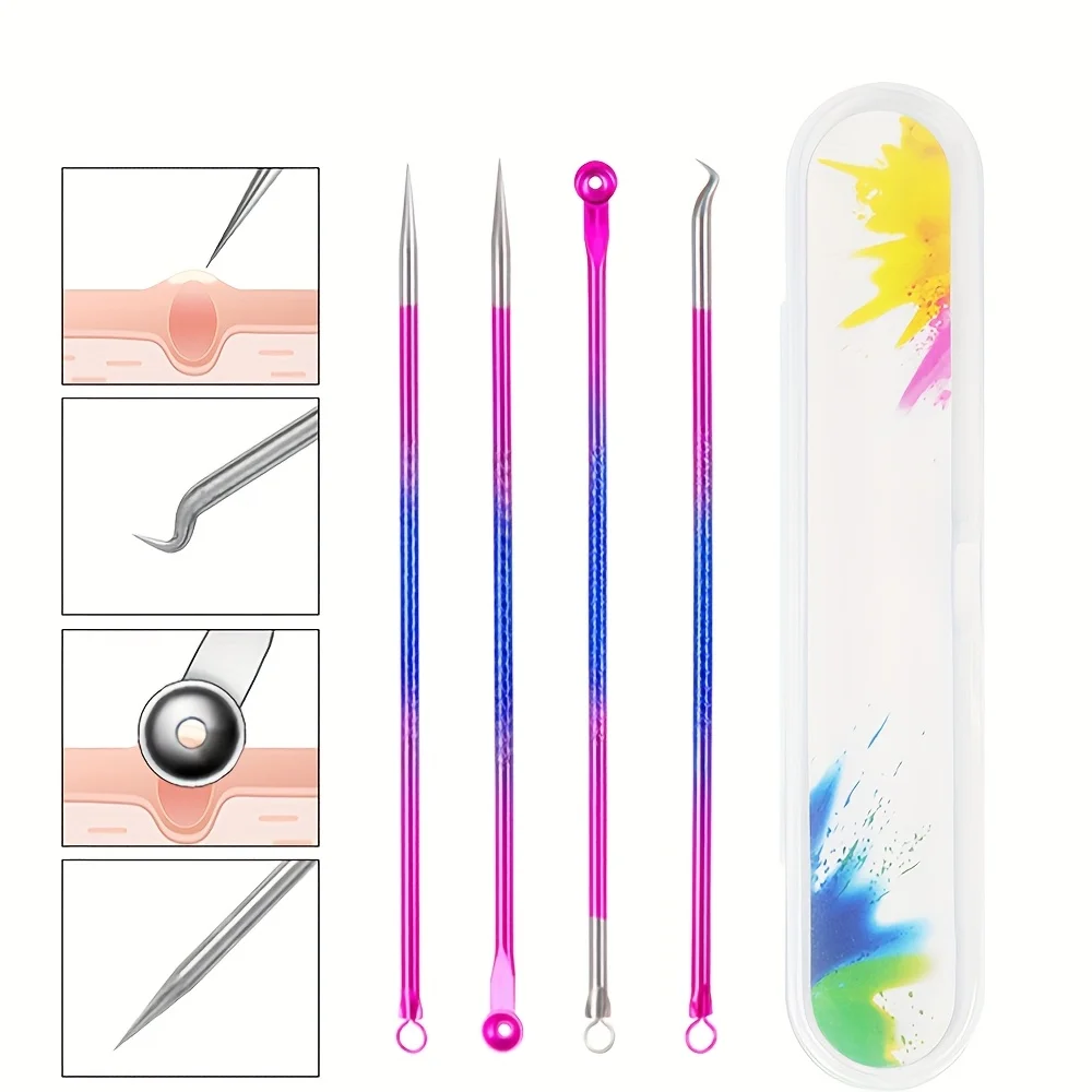 مجموعة أدوات إزالة الرؤوس السوداء الاحترافية المكونة من 4 قطع، إبرة إزالة الرؤوس السوداء لحب الشباب، أداة تنظيف الوجه