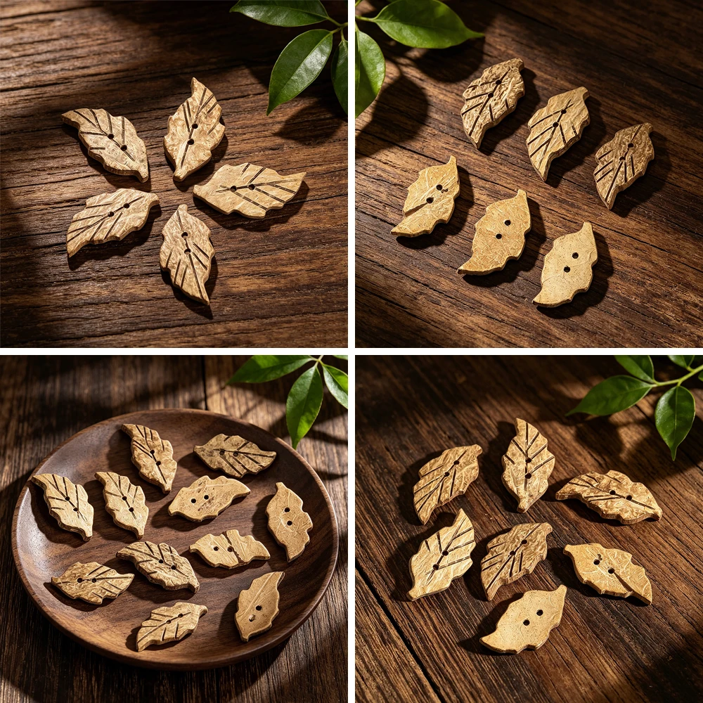 Natural Coconut Shell Leaf Shaped Buttons Vintage Carved Vein Two Holes Buttons For Sweater Coat Shirt DIY Clothing Accessories