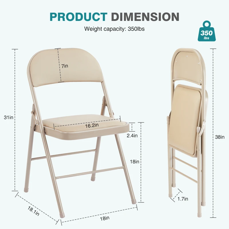 Folding Chair 2 Pack, Leather Padded Folding Chairs, Sturdy Metal Foldable Chairs, for Home, Office, Party, khaki 4 Pack