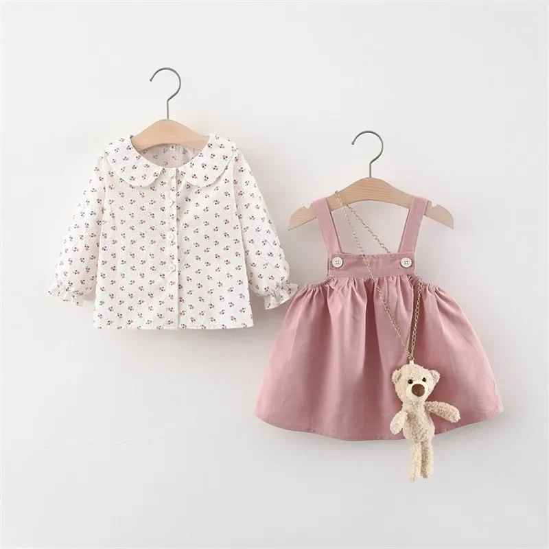 

Toddler Princess Flower T-Shirt+ Strap Dress Suits for Girls Clothing 1 Year Birthday Set Autumn Baby Girls Clothes Outfits