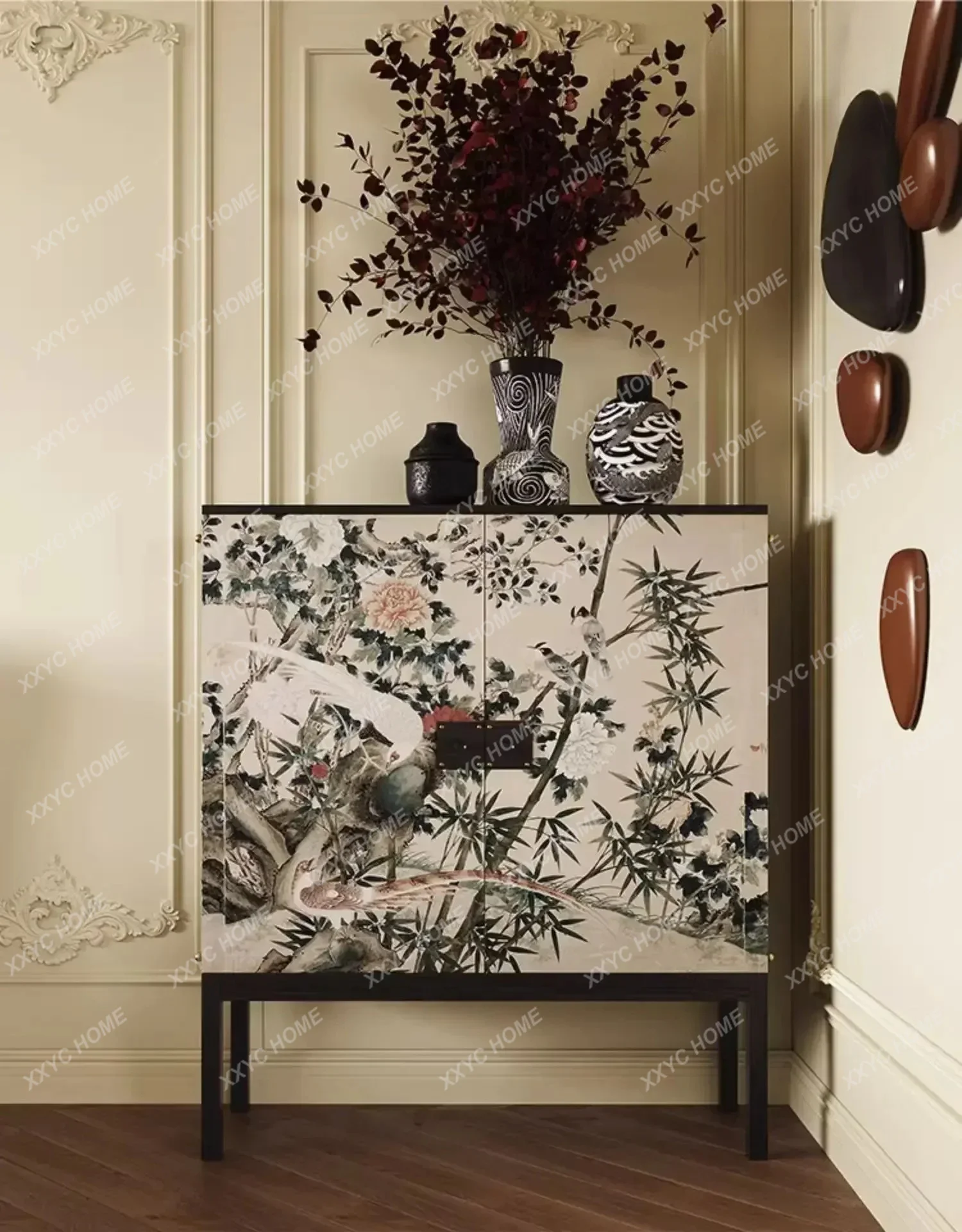 retro painted chest cabinet decorative cabinet new Chinese tall solid wood porch locker