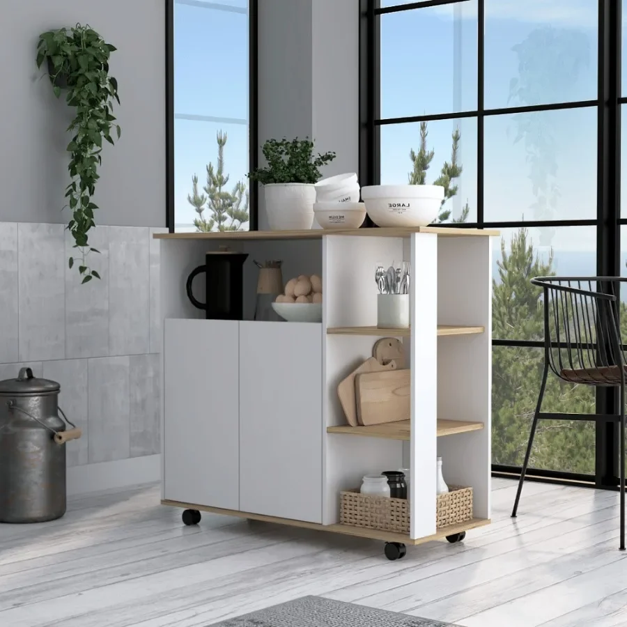 

St. Thomas Kitchen Cart Four Open Shelves Double Door Cabinet Four Casters