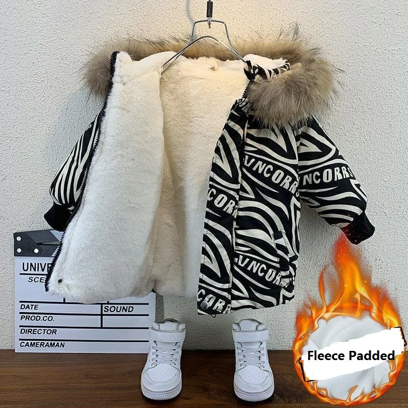 

Girls Boys Warmth Fleece Winter Zebra Striped Detachable Fur Long Snow Jackets Baby Therme Coat Kids Parka Child Outfits 1-9 Yrs