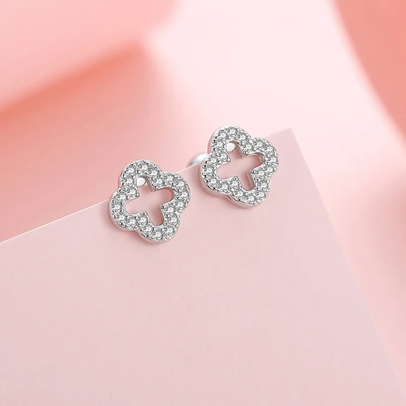 S925 Sterling Silver Zircon Leaf Hollow Stud Earrings for Women Elegant Niche Triple Flower Earrings Fine Jewelry Gift