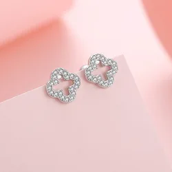 S925 Sterling Silver Zircon Leaf Hollow Stud Earrings for Women Elegant Niche Triple Flower Earrings Fine Jewelry Gift