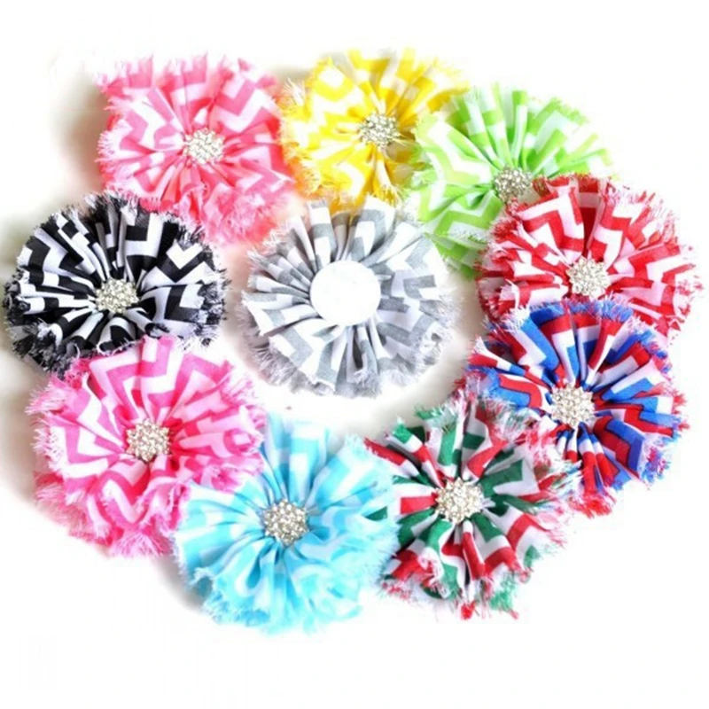 5pcs/lot 10colors Ballerina Blossom Scalloped Chiffon Flowers+Rhinestone Button Striped Leopard Fabric Flowers For Headbands