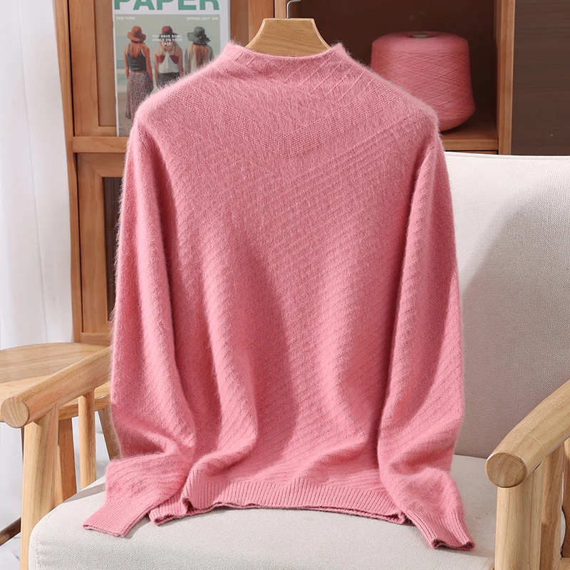 

Autumn Winter Staple Mock Neck 100% Mink Cashmere Pullover Sweater Women's Versatile Lazy Style Loose Soft Knitted Basic Tops