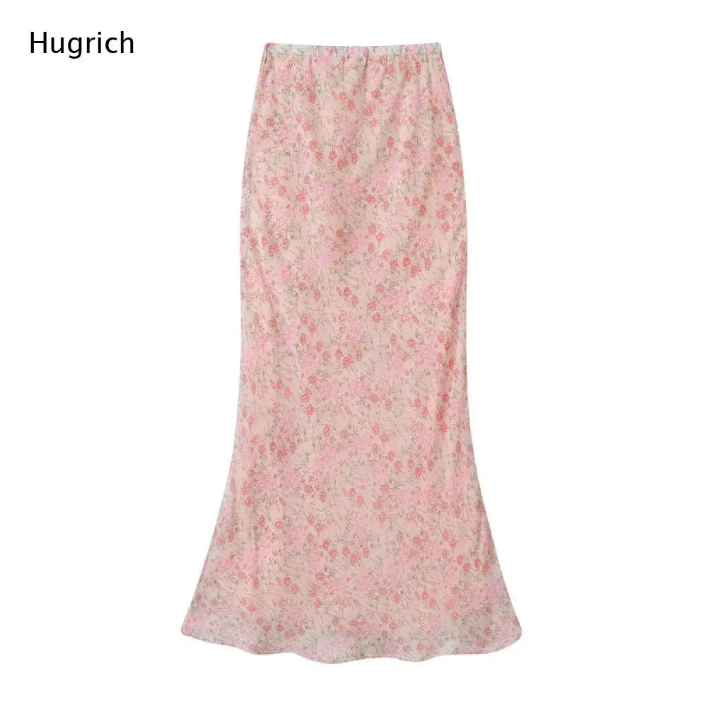 Elegant Ladies High Waist Pink Floral Print Mermaid Long Skirt Soft Satin Flowy Romantic Commuter Maxi Skirt
