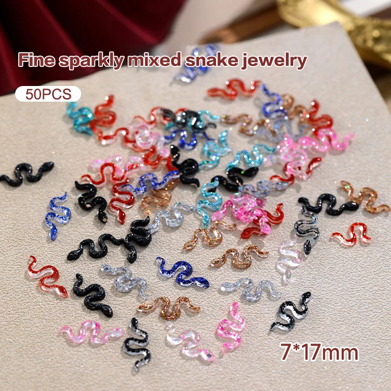

50pcs Mixed Nail Snake Decorations Ornament Flash Nail Charm Simulation Resin Accessories DIY Manicure Decorations