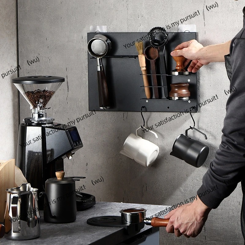 Coffee machine handle storage rack, cloth powder press placement, no punching