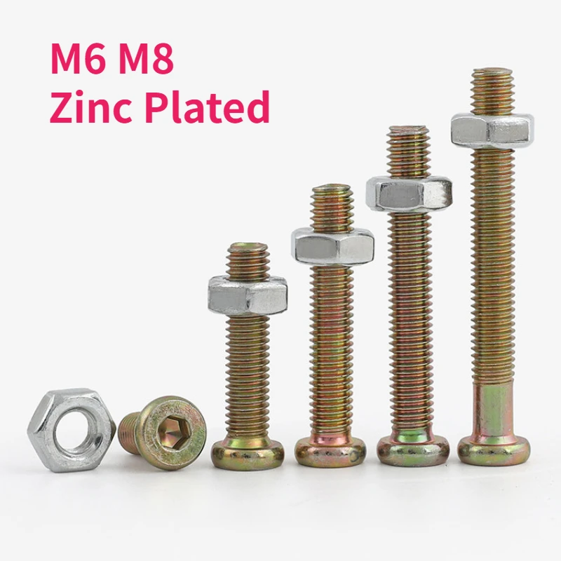 M6 M8 Zinc Plated Carbon Steel Flat Round Head Hex Socket Furniture Connector Screws and Hexagon Nuts Combination Set