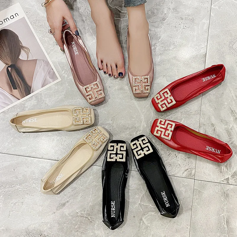 Rhinestones Buckle Flats Ballet Shoes Women Slip on Shallow Mouth Moccasins Elegant Women\'s Loafers Party Leather Ballerina