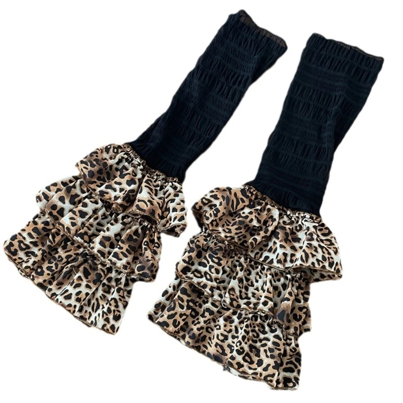 Women Mesh Ruched Leg Warmer Cover Vintage Leopard Tiered Spliced Flared Socks