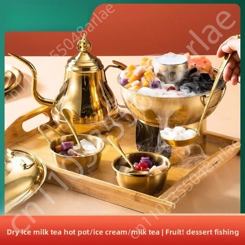 Dry ice small hot pot ice powder dessert milk tea burning fairy grass sugar water pot ice cream fruit fishing copper pot