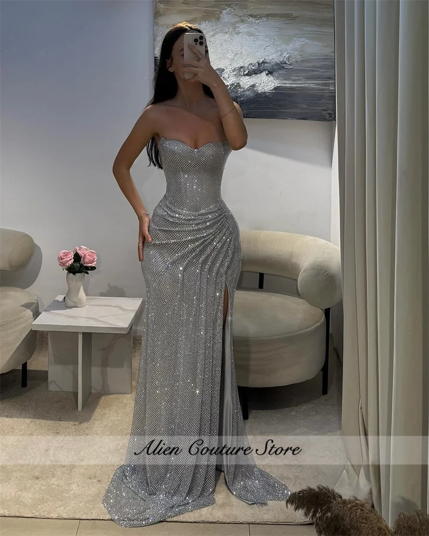 Silver Luxury Evening Dresses 2025 Beading Crystals Glitter Wedding Reception Party Gown Prom Long Dress Customized