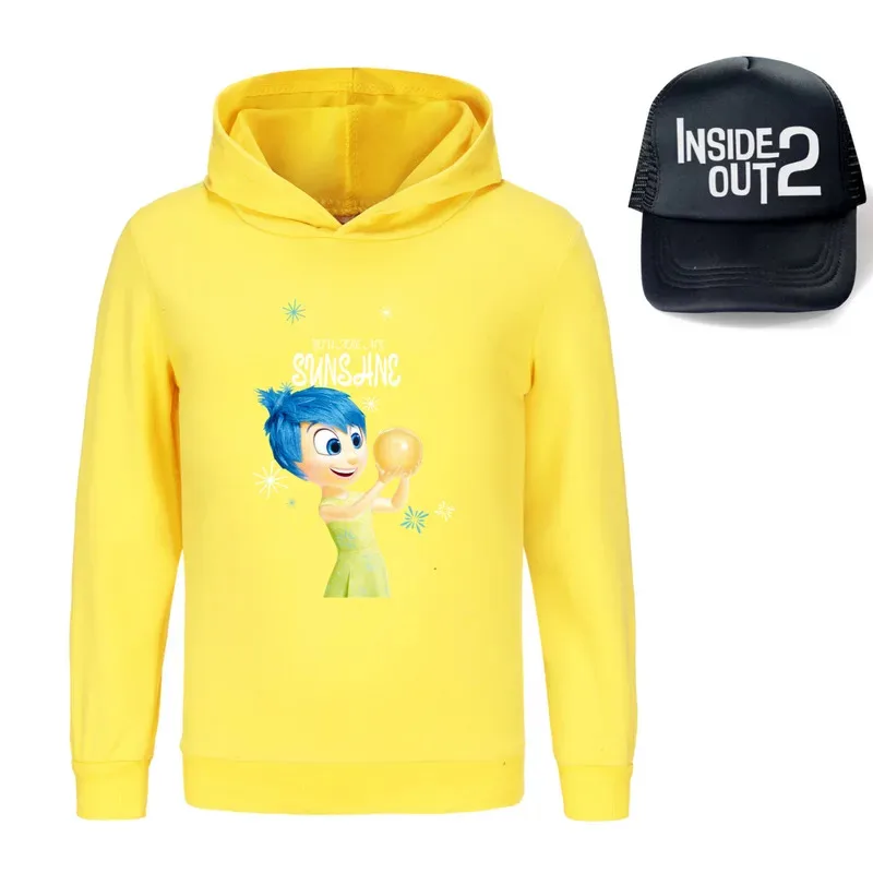 Sudadera con capucha para niños Inside Out 2, ropa para niñas, ropa de moda para niños Joy, Tops deportivos cálidos para otoño + gorra, regalos de temporada de regreso a la escuela