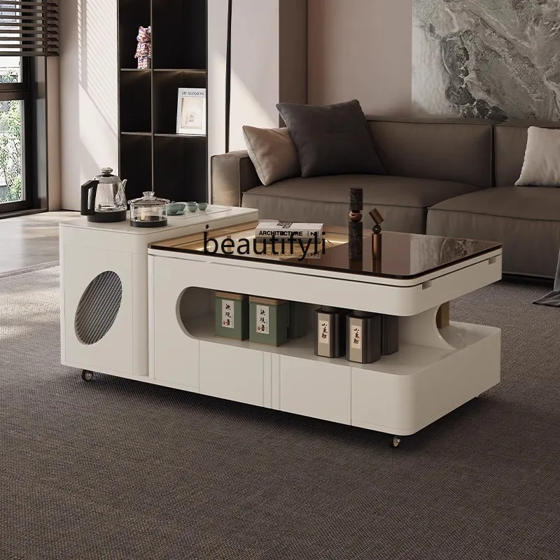 

Mobile Coffee Table for Living Room, Small Household, Solid Wood, Modern Simple, Multifunctional Glass Rock Plate Tea Table