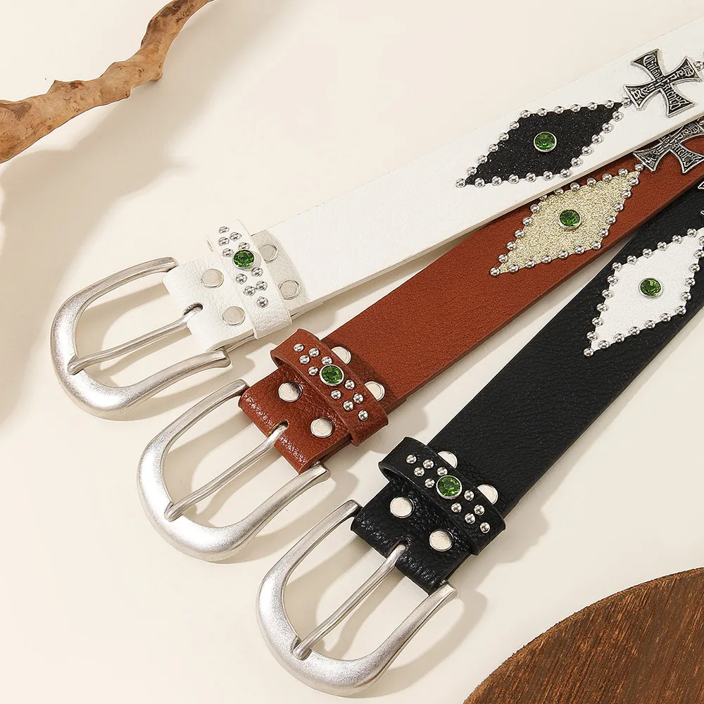 حزام ترتر من حجر الراين على الموضة، إكسسوار جينز نسائي برشام ذو شخصية متقاطعة كلاسيكية، حزام بإبزيم بإبرة مصممة