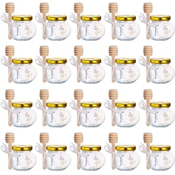 Mini Honey Jars w/ Gold Lids, Wood Dippers, Thank-You Tags & White Satin Ribbons. Cute Takehome Gifts for Guests in Baby Shower