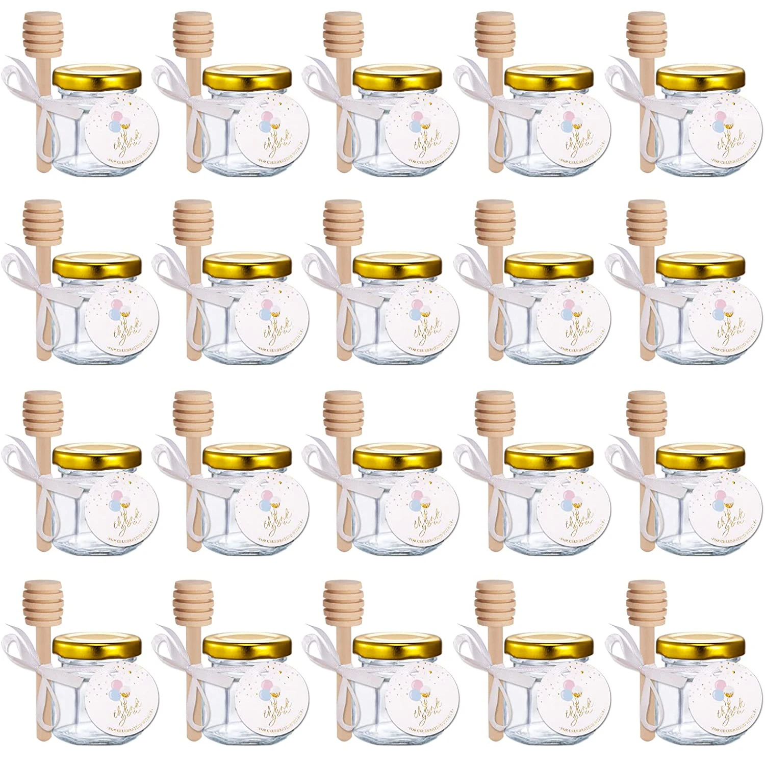 Mini Honey Jars w/ Gold Lids, Wood Dippers, Thank-You Tags & White Satin Ribbons. Cute Takehome Gifts for Guests in Baby Shower