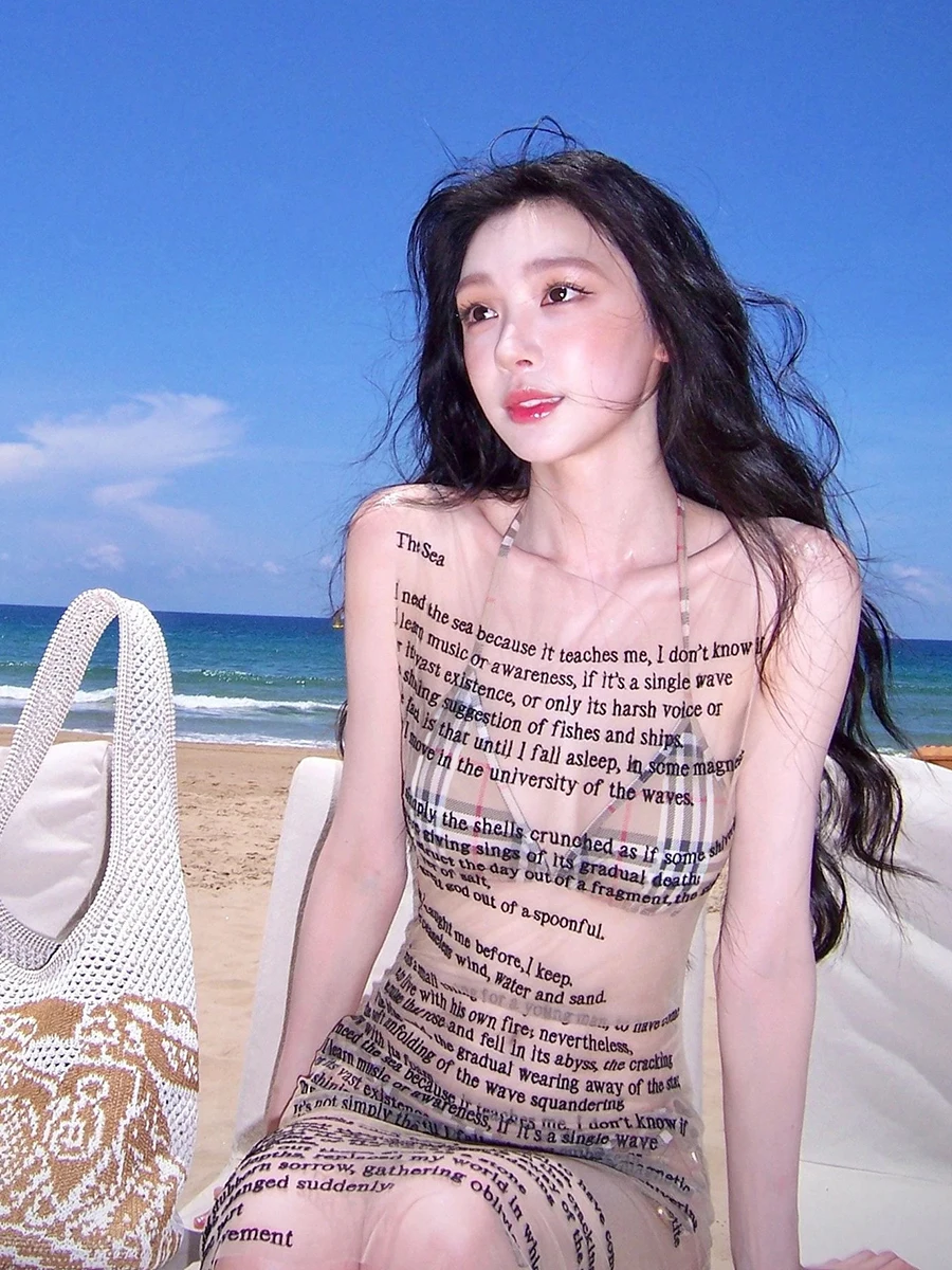 섹시하고 매혹적인 여성용 레터 프린트 시스루 스커트, 폴리에스터 혼방 여름 패션 스커트