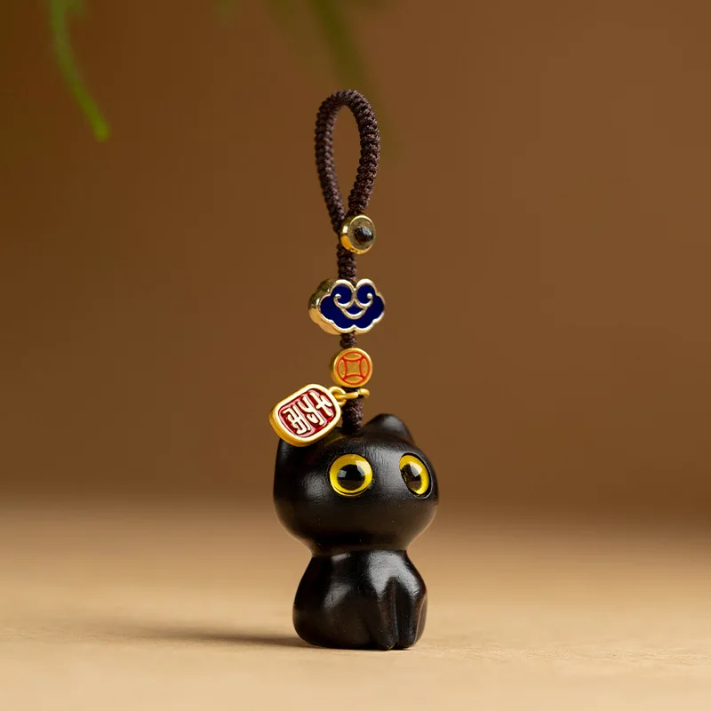 Image of Sandelholz Holz Katze Schlüsselanhänger Anime süße Handykette Holz Anhänger Persönlichkeit kreative süße Accessoires handgestrickt