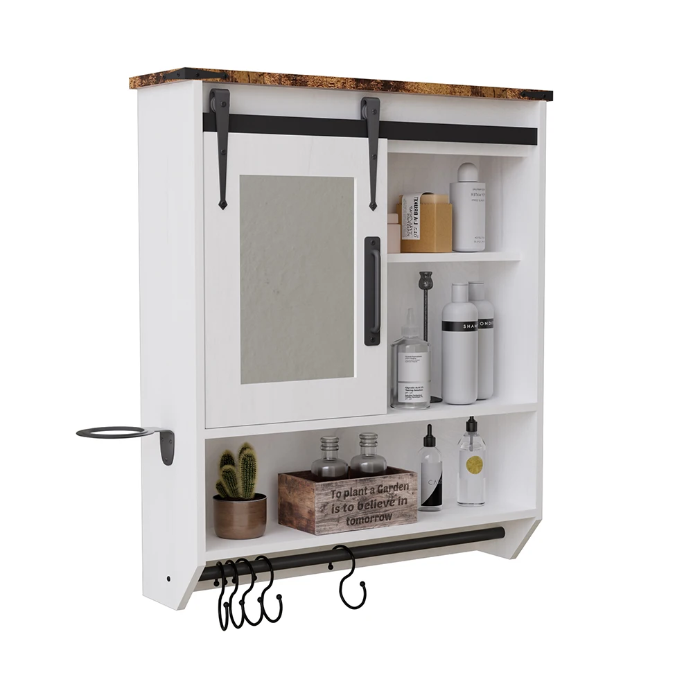 Bathroom Mirror Cabinet Wall Mounted Over Toilet Storage with Adjustable Shelf,Towel Bar & 5 Hooks,Also for Kitchen/Laundry