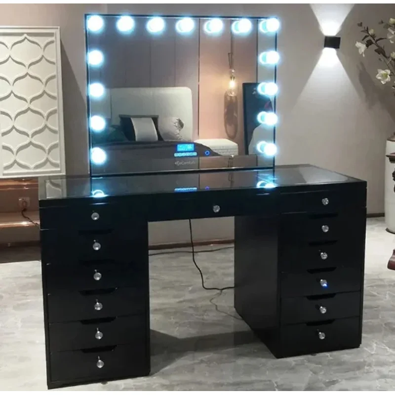 LED Illuminated Mirror and Power Socket Makeup With Drawers Entryway Dressing Table Wholesale Glass Top Vanity Desk