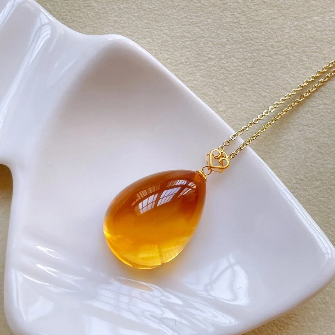 

Natural Yellow Citrine Quartz Water Drop Pendant 18K gold Women Wealthy 21.6*15mm Gold Citrine Fashion Bead Necklace AAAAA