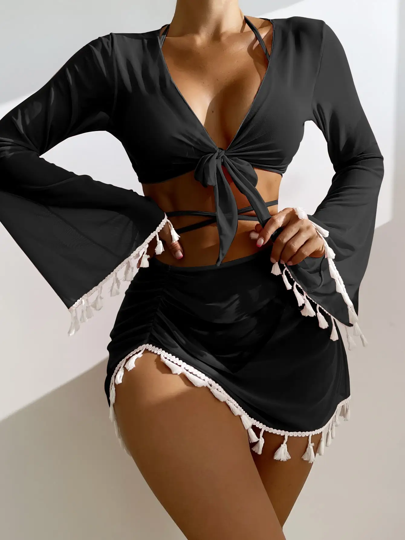 4 Pieces Lace Up Halter Triangle Bikini Swimsuit & Cover Up Top With Skirt Sexy Swimwear Women 2025 Bathing Swimming Suit Female