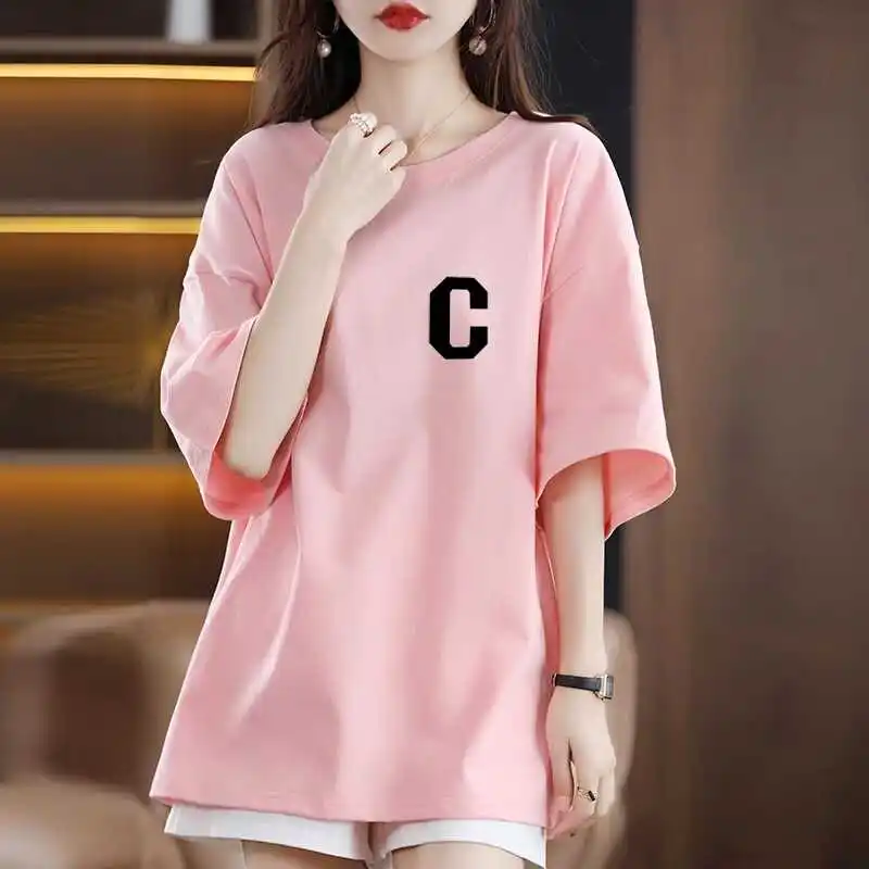High-End Loose Fit Mid-Length Short-Sleeve Women's T-Shirt Cover Butt Casual Style Polyester Fabric Summer Season round Neck