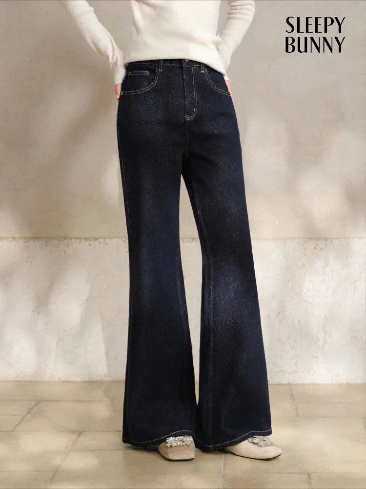 

High-Waisted Fleece-Lined Denim Flared Jeans Women Slim Fit Stretch Warm Jeans Washed Straight-Leg Bell Bottom Pants Fall Winter