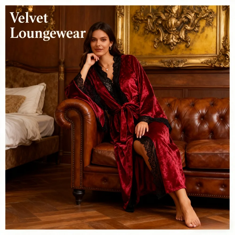 

Women's Lace Long Sleeve Bath Robe Extended Length Velvet Material Loungewear Attribute Skin-Friendly