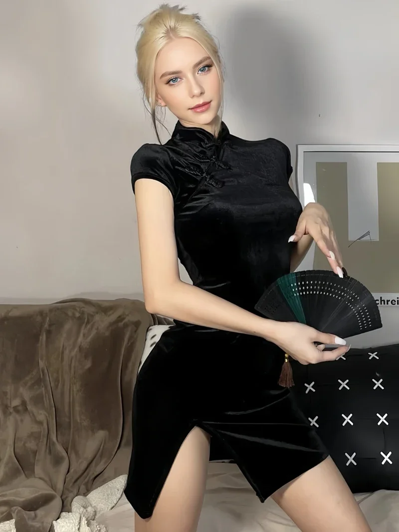 Abito da donna Y2K Cheongsam in velluto elegante nero sexy manica corta con bottoni casual shopping foto abito cinese attillato moda estate