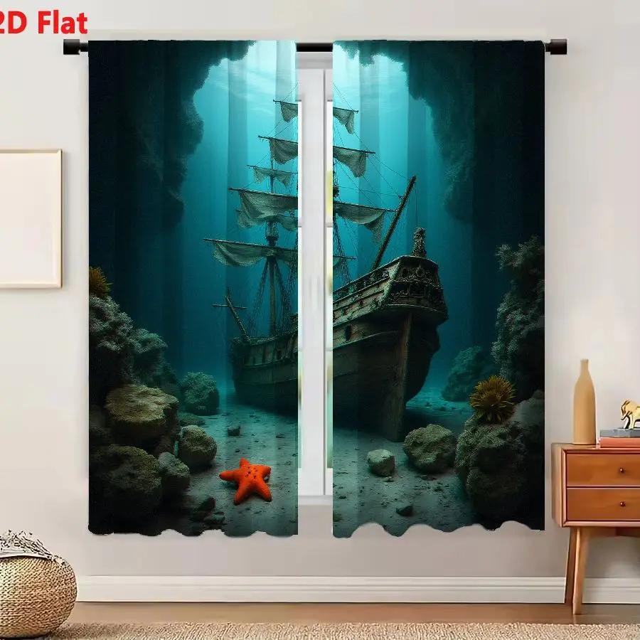 2Pcs Curtains 2D Flat Underwater Scene With Old Sailing Ship On Ocean Floor Rocky Formations Coral And Starfish In Deep Blue Wat