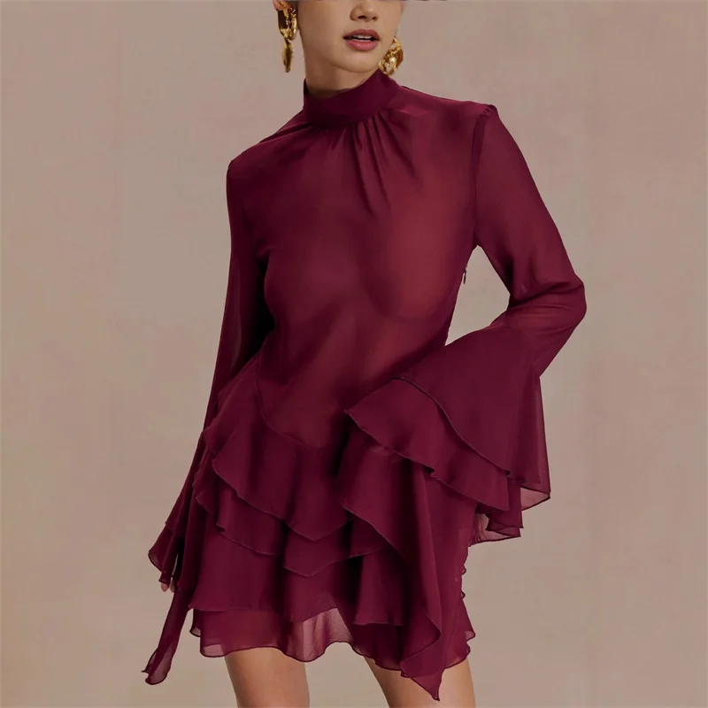 Robe de bal rouge foncé, Sexy, col haut, manches longues évasées, volants, formelle, courte, Mini Robe de soirée de mariage, Banquet, Robe de mariée