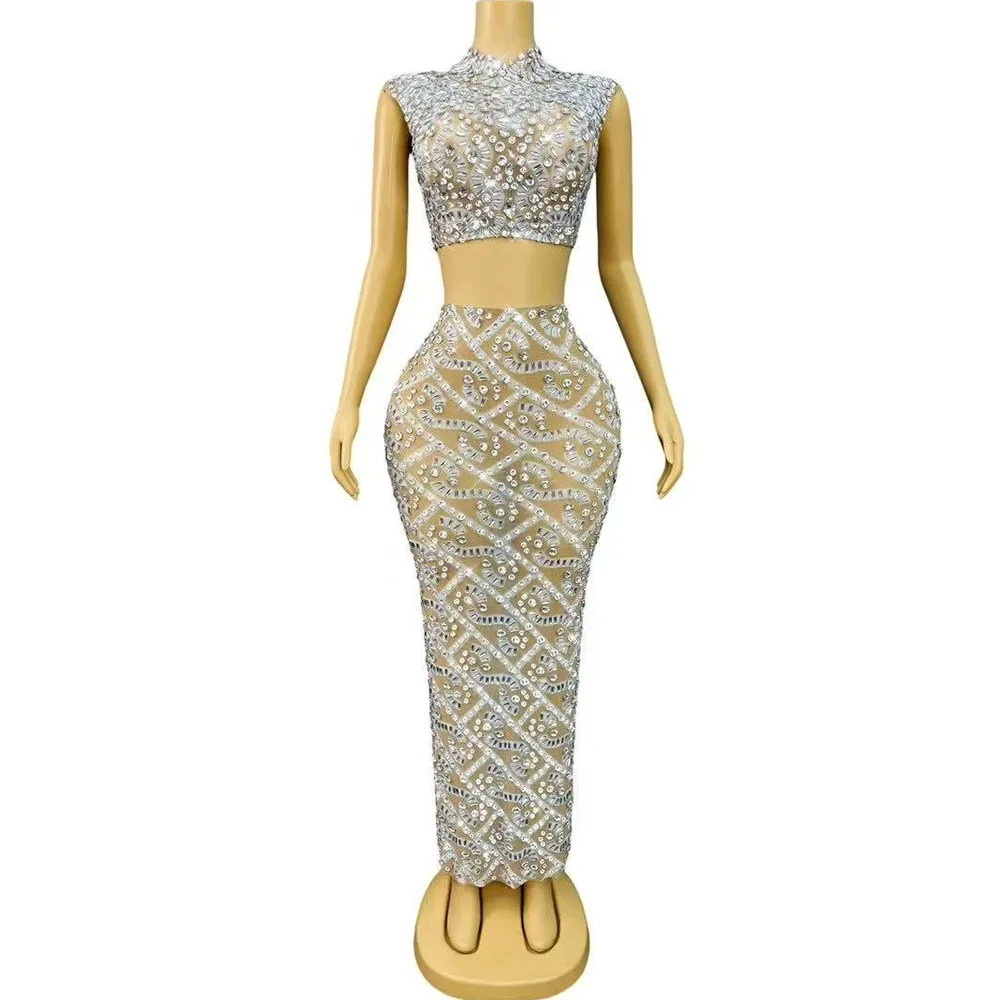 Women Hollow waist Split Set Sparkly Rhinestones Sexy Nude Mesh Outfit Birthday Wedding Celebrate Party Show Costume Stage Wear
