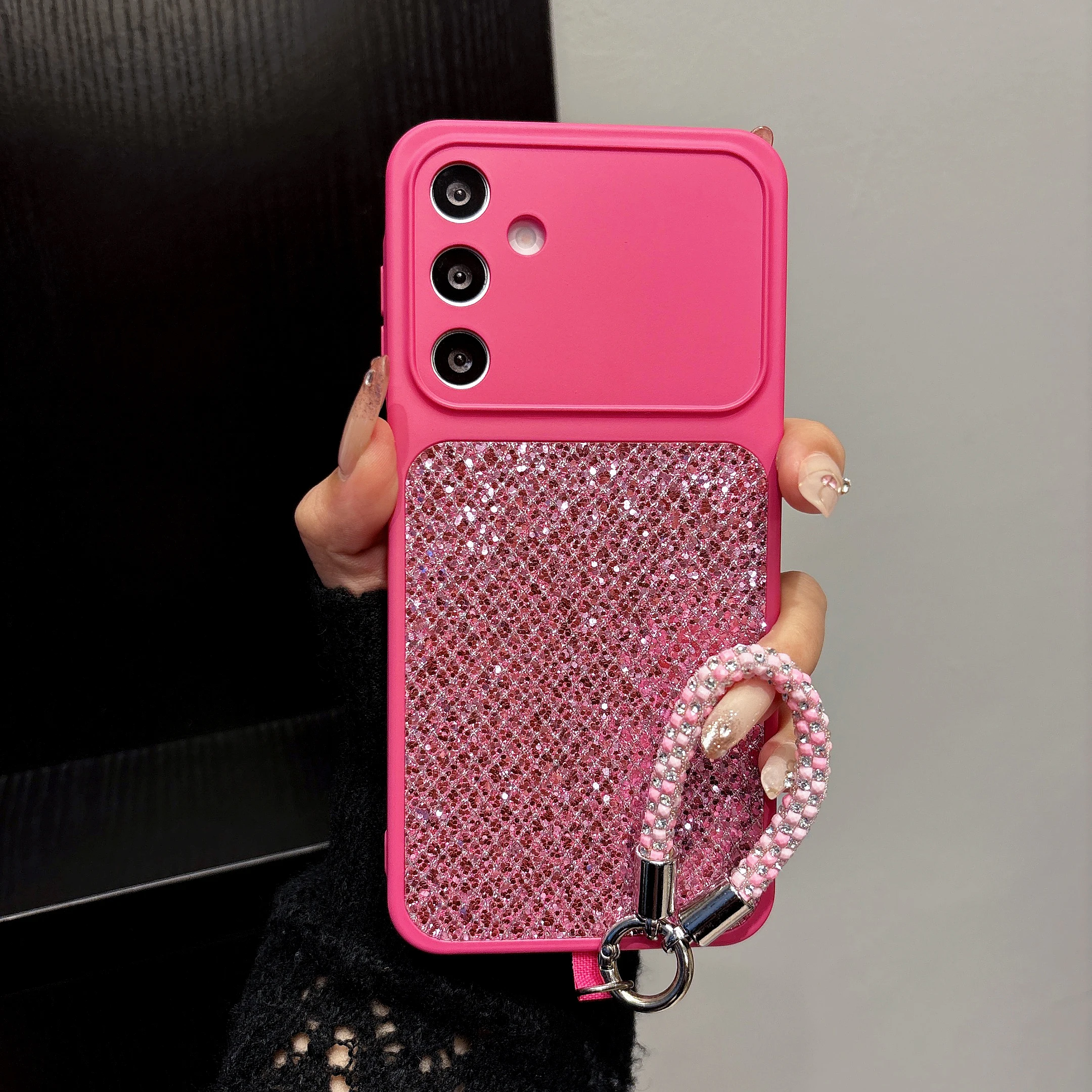Luxury Glitter Diamond Texture Phone Case For Samsung S26 S25 S24 S23FE S22 Ultra Plus With Finger Lanyard Shockproof Back Cover
